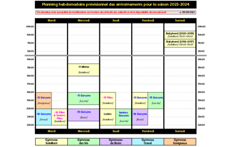 Planning prévisionnel des entrainements pour la saison 2023-2024